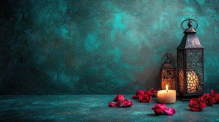 Romantic Teal Background with Candles and Roses