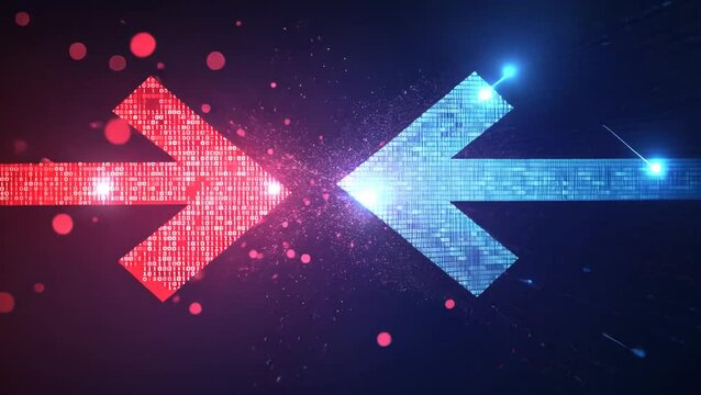 Digital Data Exchange with Arrows Representing Flow of Information in Blue and Red Colors on a Dark Background with Binary Elements and Sparkling Particles