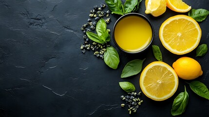 Fresh lemon juice with basil on dark background