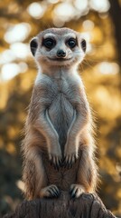 Obraz premium Meerkat sitting on a tree stump and looking at the camera
