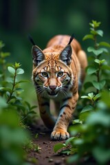 Obraz premium Fierce bobcat stalking prey in dense underbrush, closeup, predator
