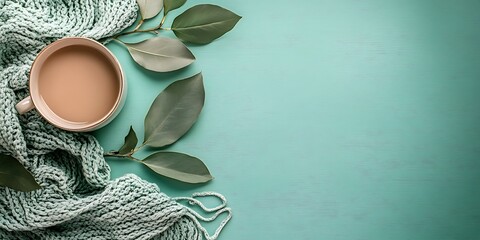 Cozy autumn beverage, knitted scarf, leaves.  Website banner