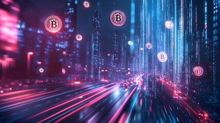 Obraz premium Bitcoin Cryptocurrency in a Futuristic Cyber City with Speeding Lights