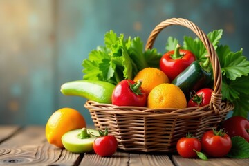 Fresh fruits and vegetables arranged in a colorful basket, natural food, vegetables