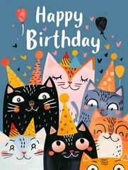 Happy Birthday card with cute cats. Hand drawn vector illustration in cartoon style.