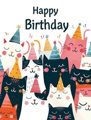 Happy Birthday card with cute cats. Hand drawn vector illustration in cartoon style.
