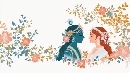 Fototapeta premium Lord Krishna and Radha gazing at each other, surrounded by delicate floral motifs, isolated on a clean white background