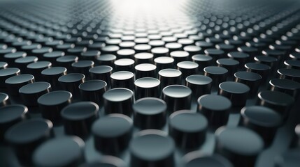 A close-up view of metallic cylindrical shapes arranged in a grid pattern.