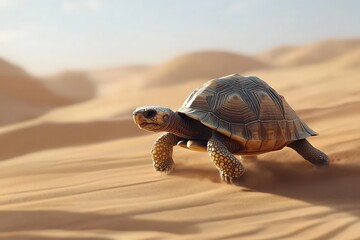 Obraz premium Desert Tortoise Journey: A Lone Turtle's Trek Across the Sands