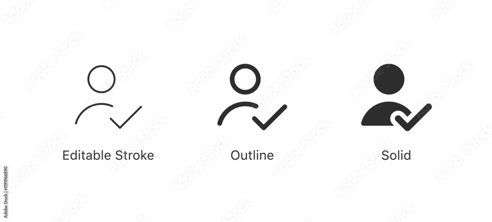 Fototapete check user icon , vector protect personal data icon , privacy safety check mark icon , accept person with yes tick symbol, checked user profile account approved icon - . editable stroke outline style