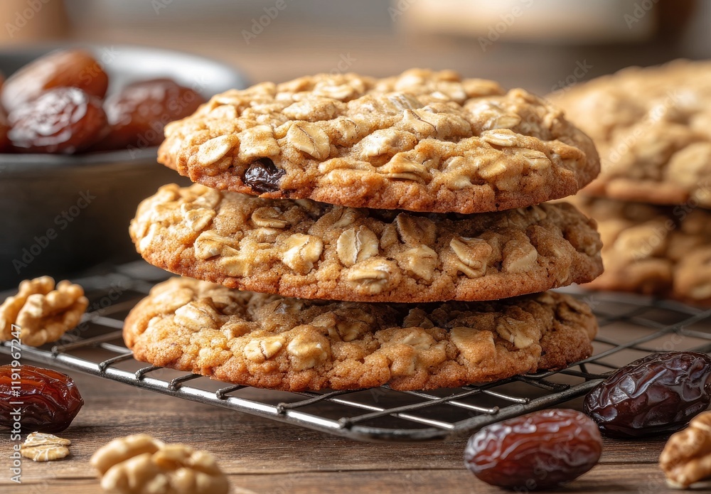 Poster freshly baked oatmeal cookies with chopped walnuts and juicy dates on a cooling rack surrounded by n