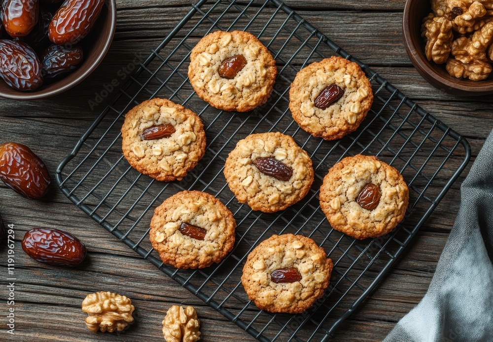 Poster freshly baked oatmeal cookies with dates and walnuts on a cooling rack surrounded by delicious dates