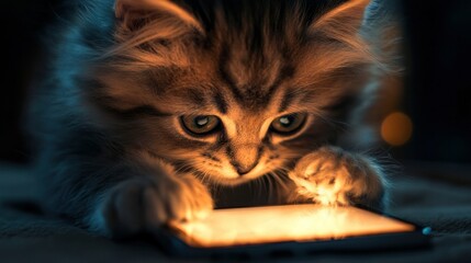 Realistic fluffy kitten with wide-open eyes and mouth agape, furiously tapping on a glowing smartphone with its paws.