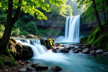 Obraz premium Waterfall in serene landscape with rocky river, scenery, serene