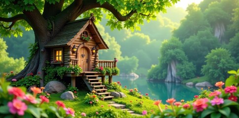 Fototapeta premium Whimsical wooden fairy treehouse amidst lush greenery and vibrant wildflowers, nature, wooden architecture