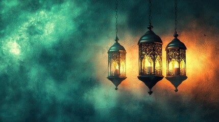 Obraz premium Ramadan lanterns glow, night sky, mystical background, greeting card