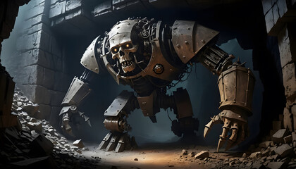 "A dark fantasy illustration depicting an ancient mechanical giant slumped lifeless against the wall of a shadowy mineshaft. The towering construct, covered in rust and intricate engravings, "