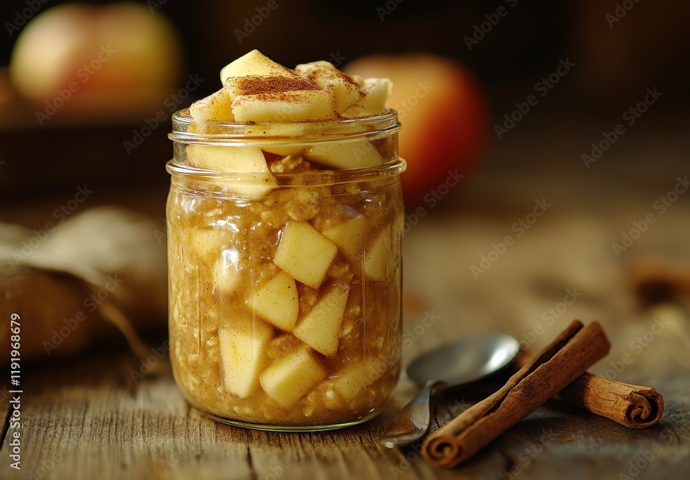 Poster freshly prepared apple sauce with diced apples and cinnamon in a mason jar on rustic wooden table wi