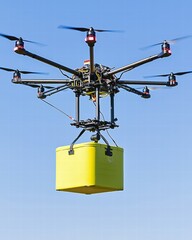 Obraz premium Drone Delivering Package in Clear Blue Sky over Landscape