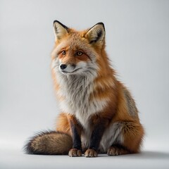 Fototapeta premium A fluffy fox sitting cutely on a white background.