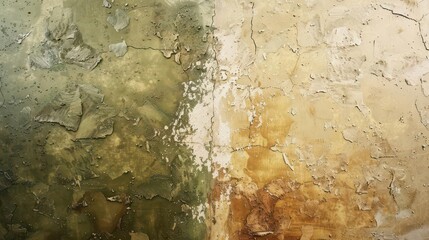 A close-up of peeling paint on a textured wall, showcasing earthy tones and decay.