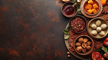 Exotic spices, sweets, and nuts arranged on a rustic surface. Food blog, recipe website