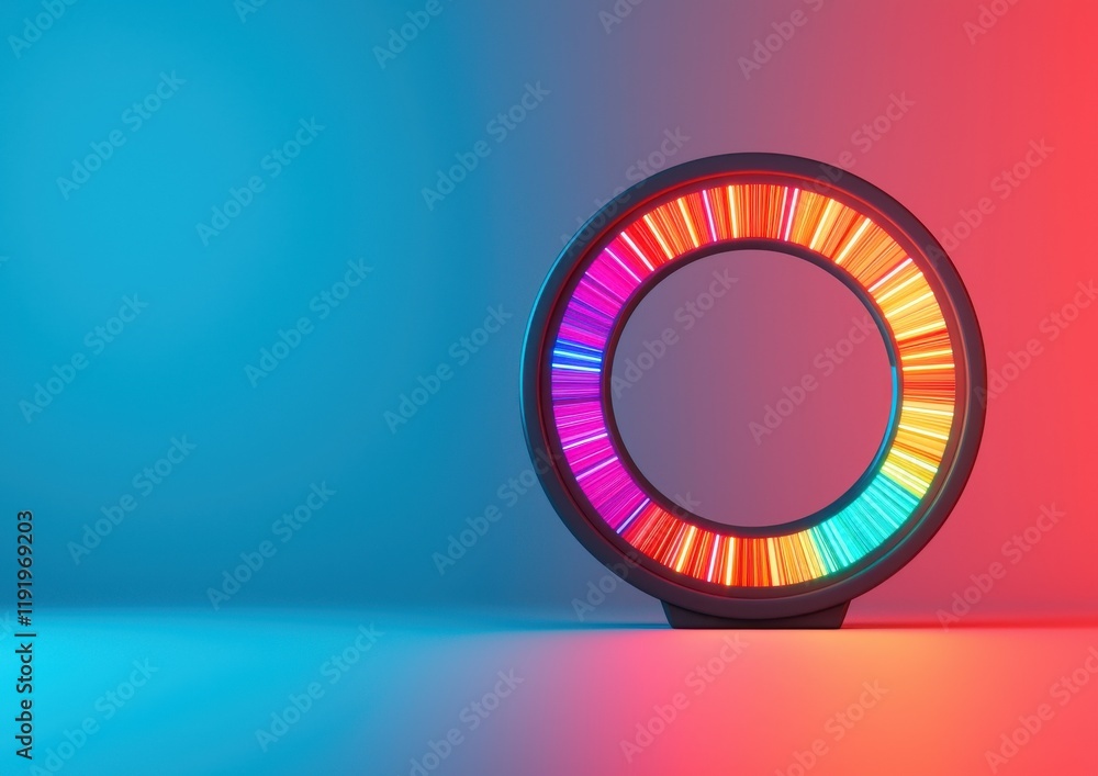 Poster a vibrant circular light display with colorful segments against a gradient background, creating a mo
