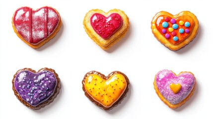 Fototapeta premium A set of colorful food icons including frosted cakes, sugar-dusted pastries, and a heart-shaped pie, isolated on white