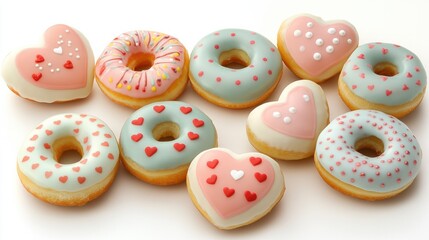 Fototapeta premium A set of decorated Valentine donuts with colorful icing and heart patterns, arranged elegantly on white