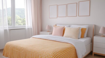 Fototapeta premium House moving with children. Cozy bedroom with a yellow checkered blanket and soft pastel decor.