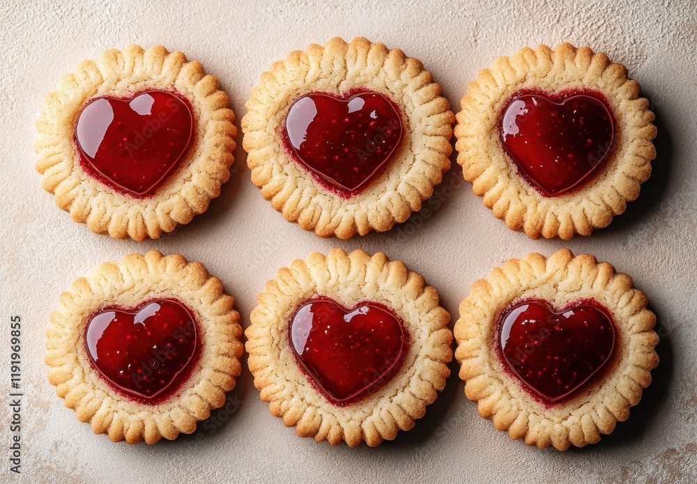 Poster heart-shaped cookies with glossy jam center arranged in a attractive pattern on a rustic background 