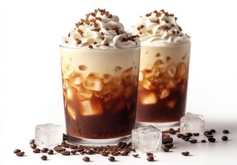 Indulge in a Refreshing Chocolate Coffee Dessert Drink with Creamy Whipped Topping, Ice Cubes, and Chocolate Sprinkles for a Perfect Summer Treat