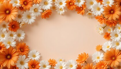 Obraz premium Orange and white daisy floral border frame on a peach background with copy space for spring or summer designs
