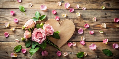 A delicate paper Valentine's Day heart in soft pink hues floats gently amidst scattered rose petals and lush green foliage on a rustic wooden table, valentine day, pink hearts