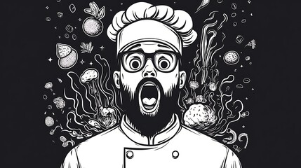 Wacky Chef with an Overwhelming Expression Surrounded by Bizarre Ingredients in a Whimsical Illustrative Style