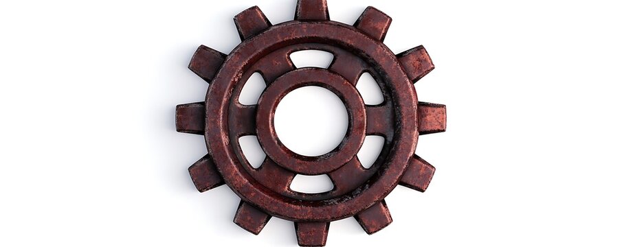 A deep maroon mechanical gear with realistic rusted textures, centered on white