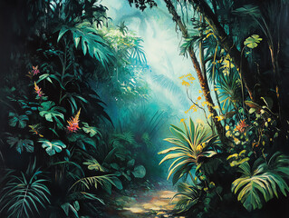 Obraz premium A tropical ecosystem where plants adapt to high humidity, glowing transpiration processes ensuring moisture balance, vibrant greens and blues