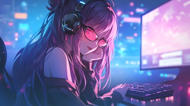 Enthusiastic anime girl deeply immersed in a competitive gaming experience