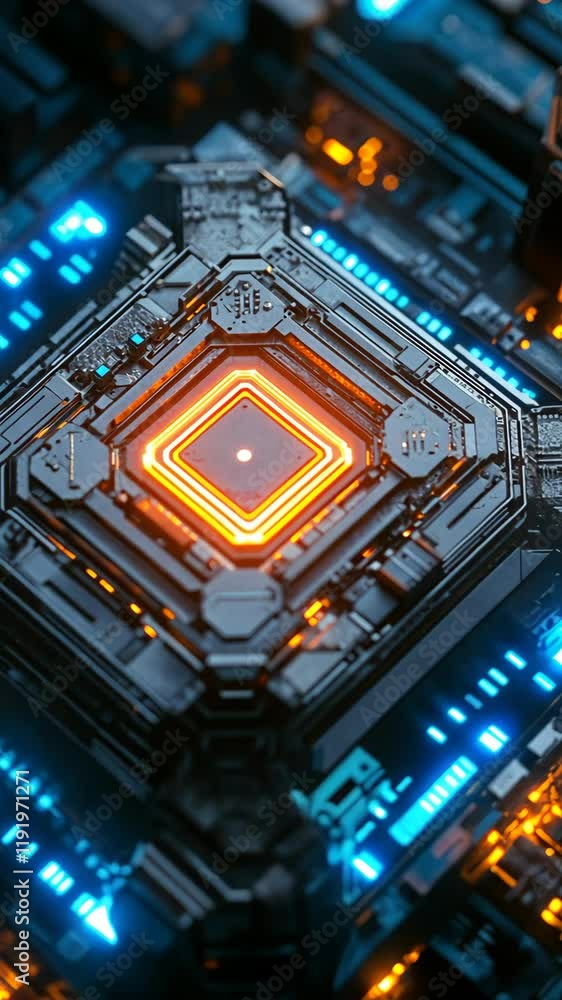 Poster intricate circuit board with glowing orange component and blue illumination in a modern technology s