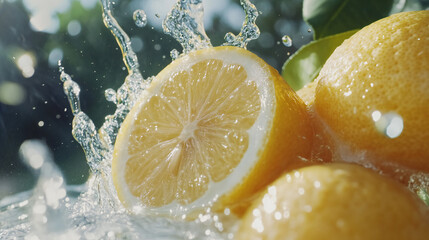 Fresh Lemons Splashed with Water, Creating a Refreshing Scene