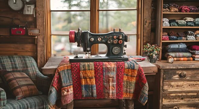 A vintage sewing machine on a wooden table, surrounded by colorful fabrics in a cozy setting.