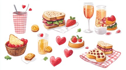 Valentine food icons including a romantic picnic set with heart-shaped sandwiches, sparkling drinks, and sweet pastries, on white