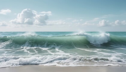 Fototapeta premium Ocean Waves Crashing on Sandy Beach Under Cloudy Sky