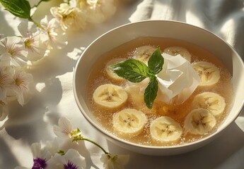Refreshing Dessert Bowl with Sliced Bananas and Mint Garnish Surrounded by Delicate Flowers in Natural Light Setting