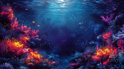 Naklejka premium Bold underwater patterns with vibrant marine tones and glowing highlights