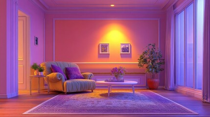 Evening living room, armchair, soft lighting, city view, interior design