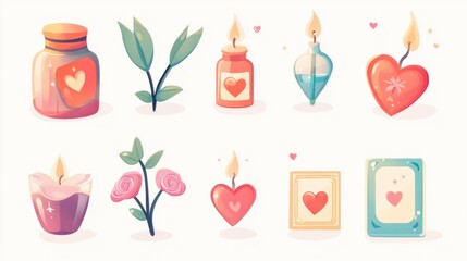 A collection of colorful icons like sparkling love potions, romantic candles, and cute Valentine postcards, arranged on white