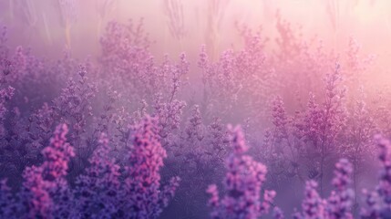Obraz premium A serene landscape of soft purple flowers in a misty atmosphere.