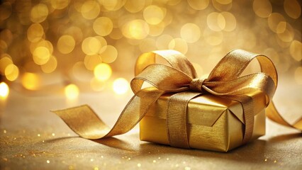 A luxurious gold-colored ribbon wrapped around a decorative gift box