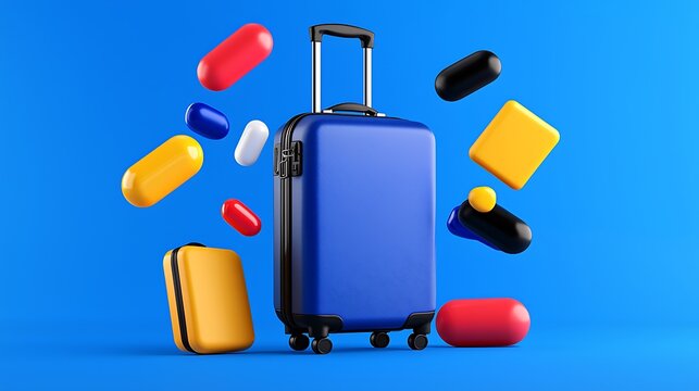 Blue suitcase with colorful geometric shapes floating around it on blue background. - Powered by Adobe